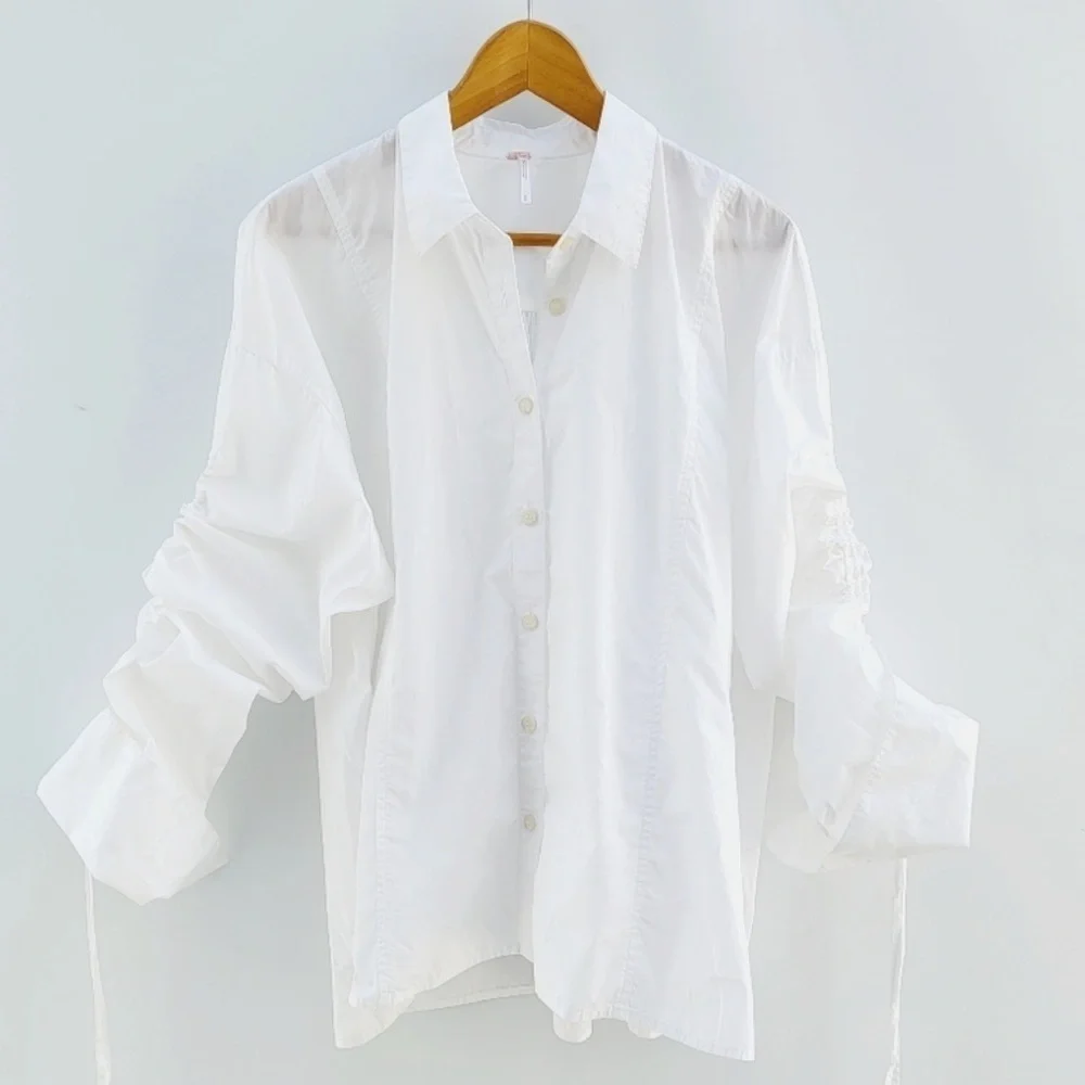 Free People Brown Eyed Girl White Poplin Boyfriend Ruched Sleeves Blouse Shirt